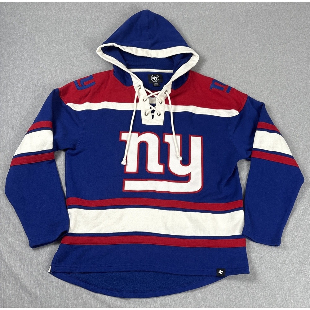 New‎ York Giants Hoodie Mens Large '47 Brand Blue Fleece Lined Sweatshirt Lacer